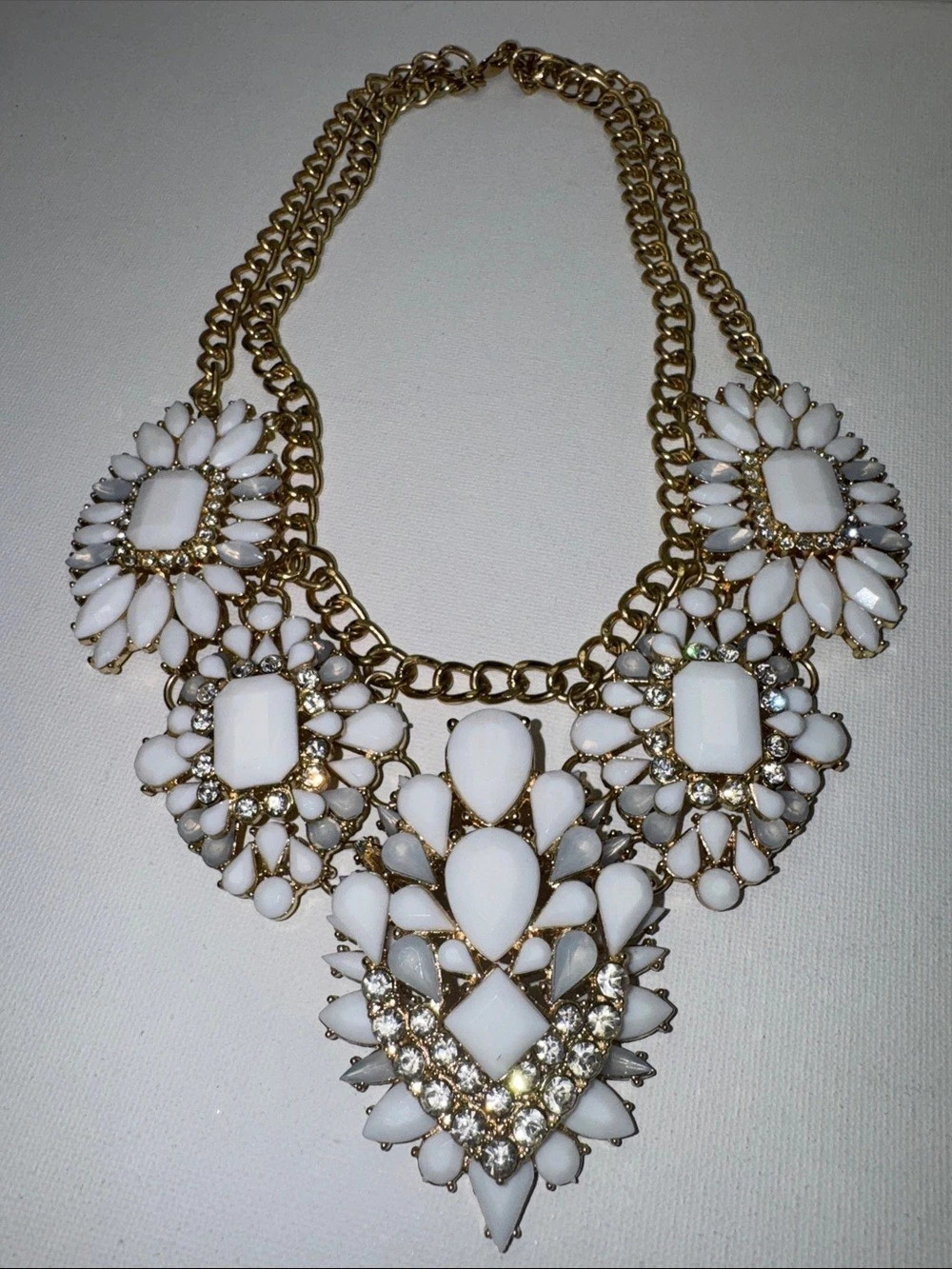 Boho Glam White Resin Crystal Rhinestone Cluster Statement Bib Necklace